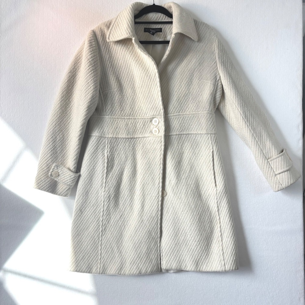New York & Company Cream Textured Pea Coat Women Size 10 Button Front Mid Length